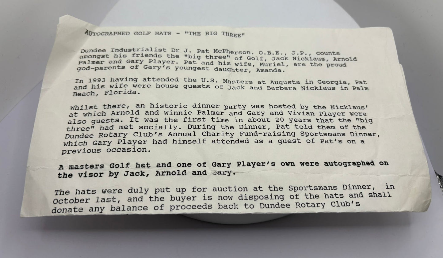 Golf Legends 'The Big Three' Gary Player, Arnold Palmer & Jack Nicklaus Signed Masters Golf Cap + Cert