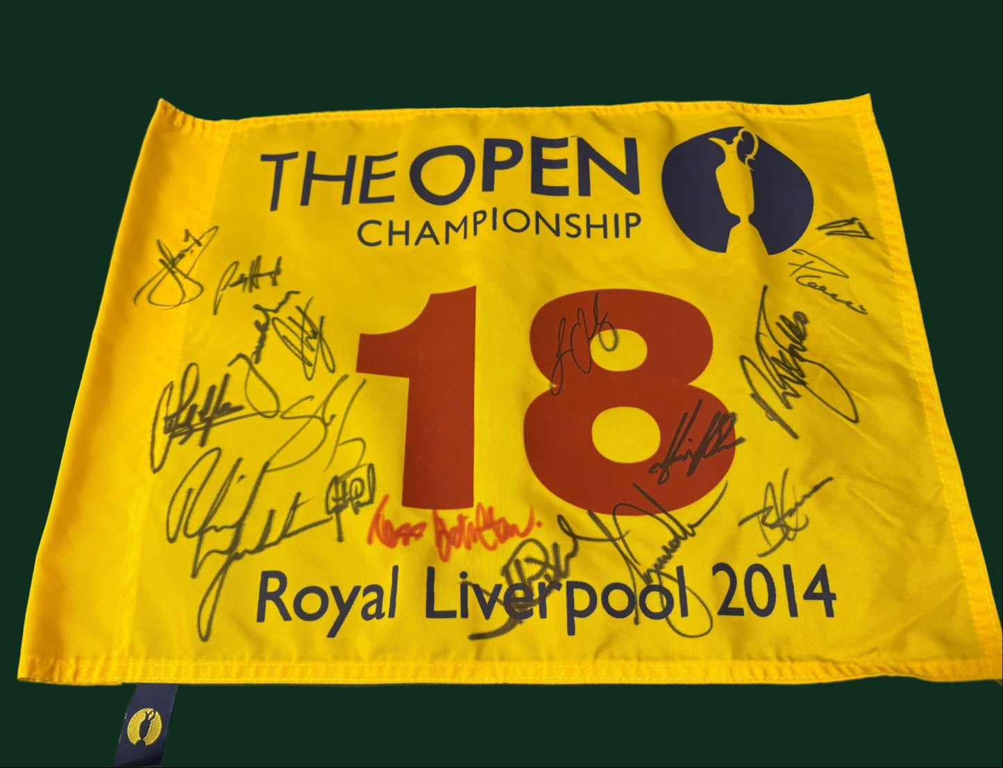 2014 Open at Liverpool Golf Pin Flag Signed by 17 Champions - Tiger Woods + COA