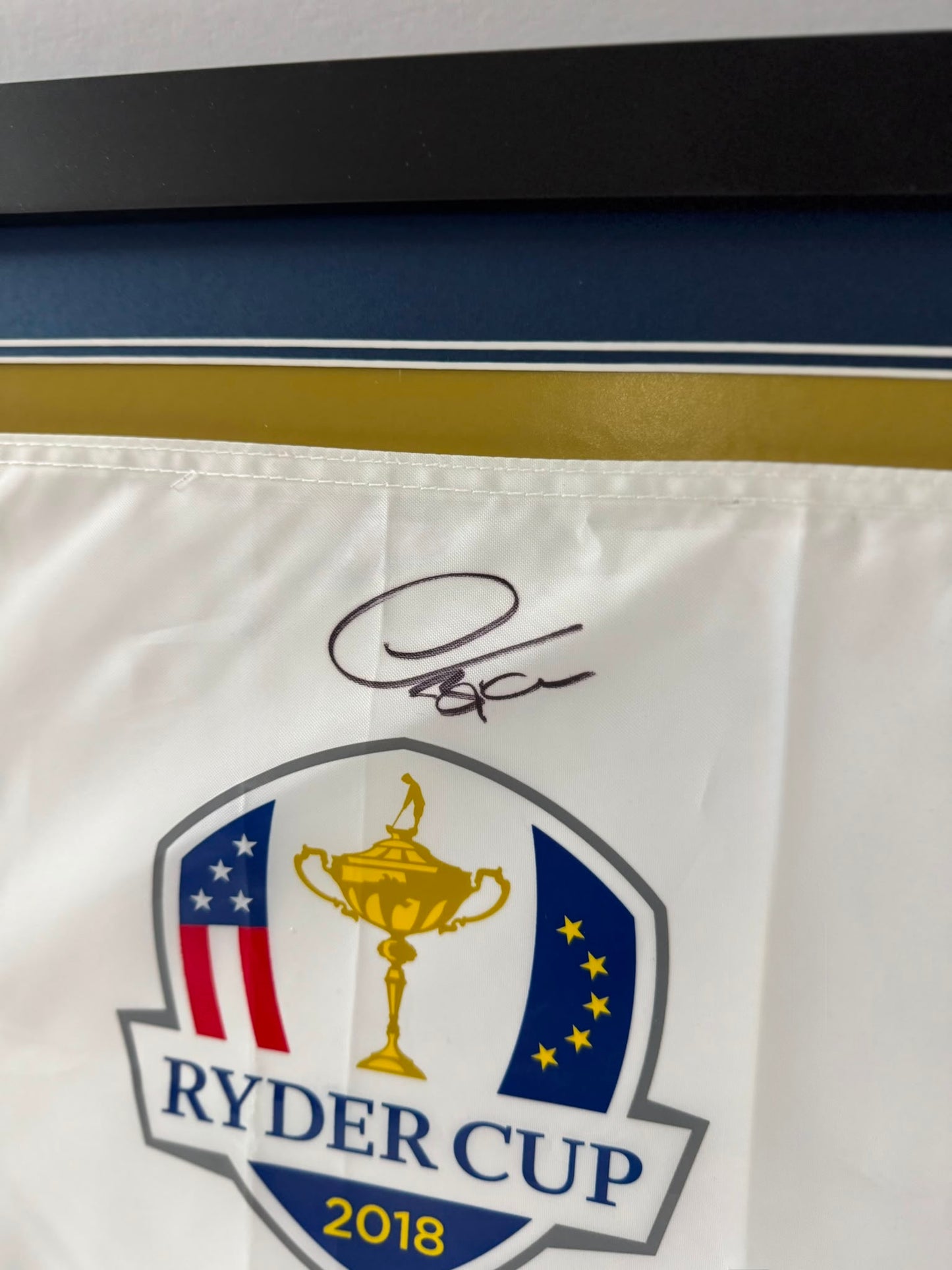 Thomas Bjorn 2018 Team Europe Ryder Cup Captain Signed Le Golf National Golf Flag Display + COA