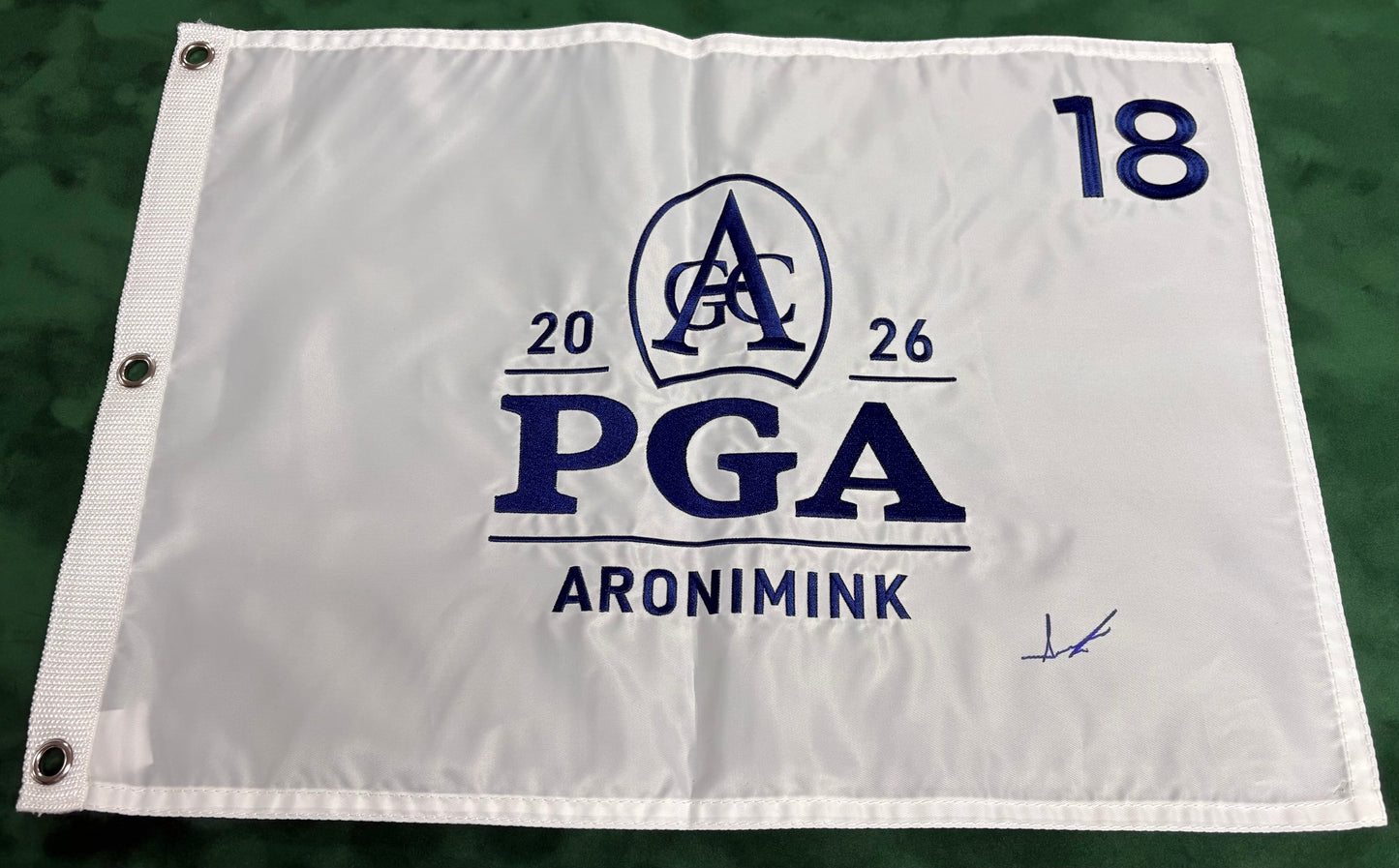 2026 PGA Championship Winner Aaron Rai Signed White Aronimink Golf Flag + Dealer COA