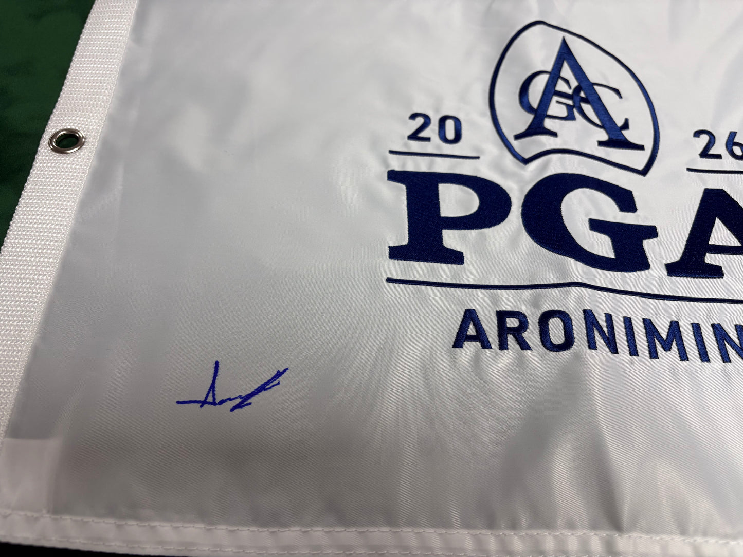 2026 PGA Championship Winner Aaron Rai Signed White Aronimink Golf Flag + Cert