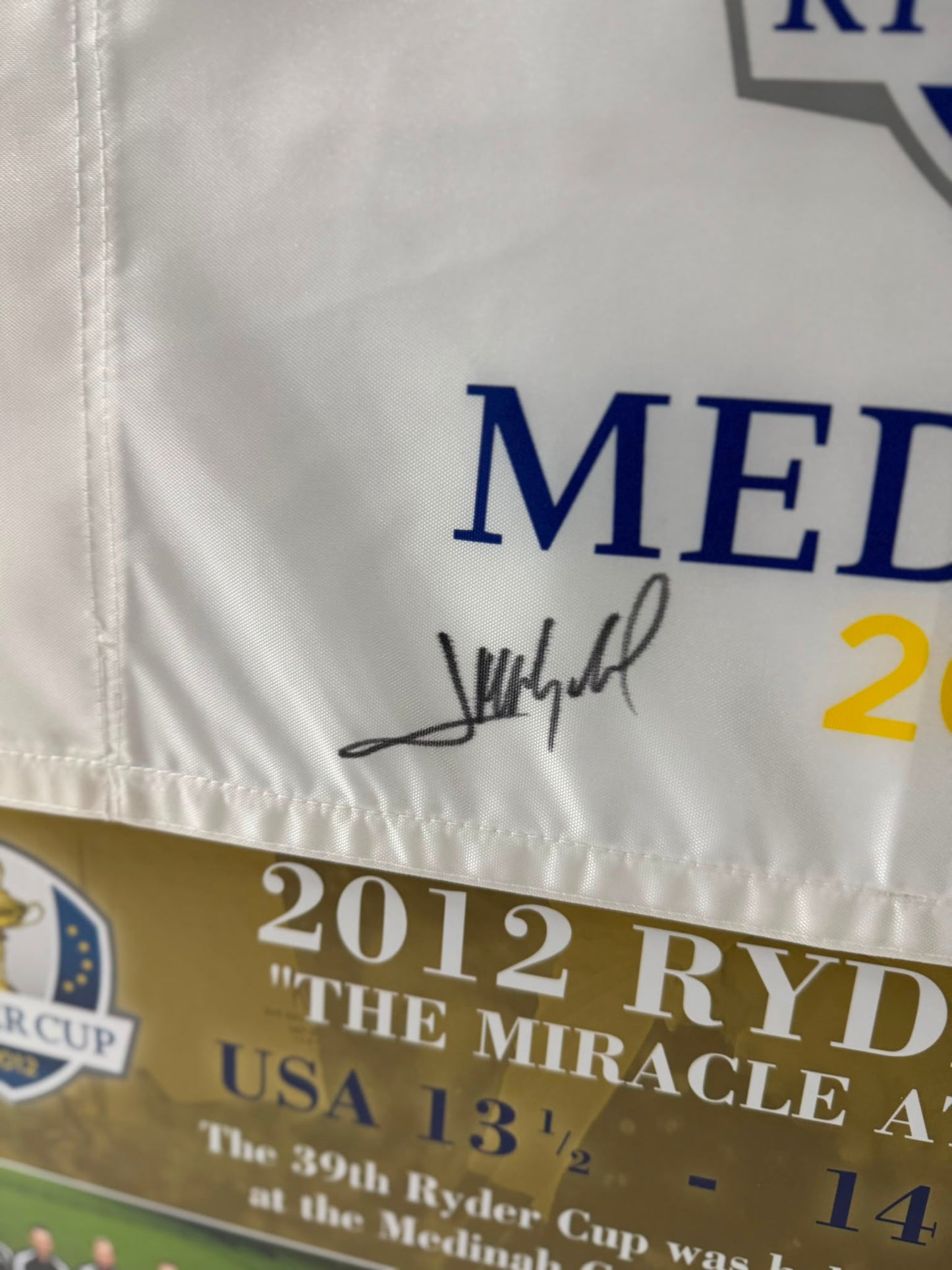 Jose Maria Olazabal 2012 Team Europe Ryder Cup Captain Signed Medinah Golf Flag Display + COA