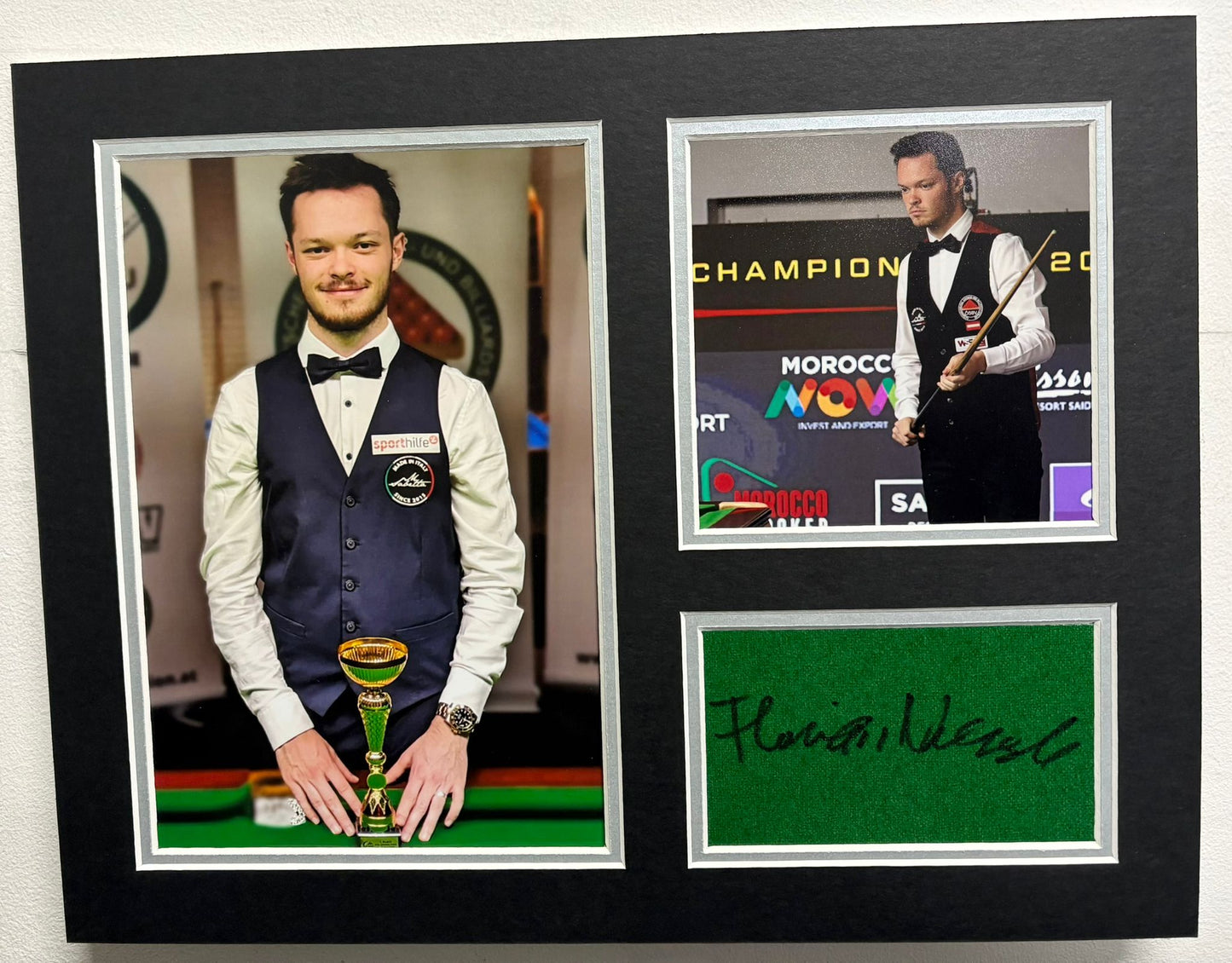 Professional Snooker Player Florian Nuessle Signed Table Baize Display + Cert