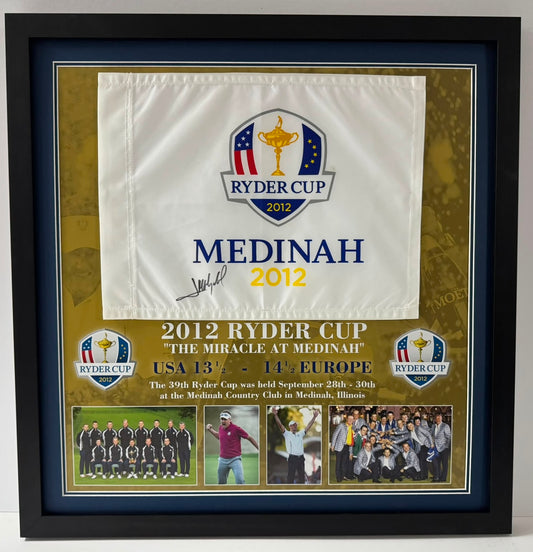Jose Maria Olazabal 2012 Team Europe Ryder Cup Captain Signed Medinah Golf Flag Display + COA