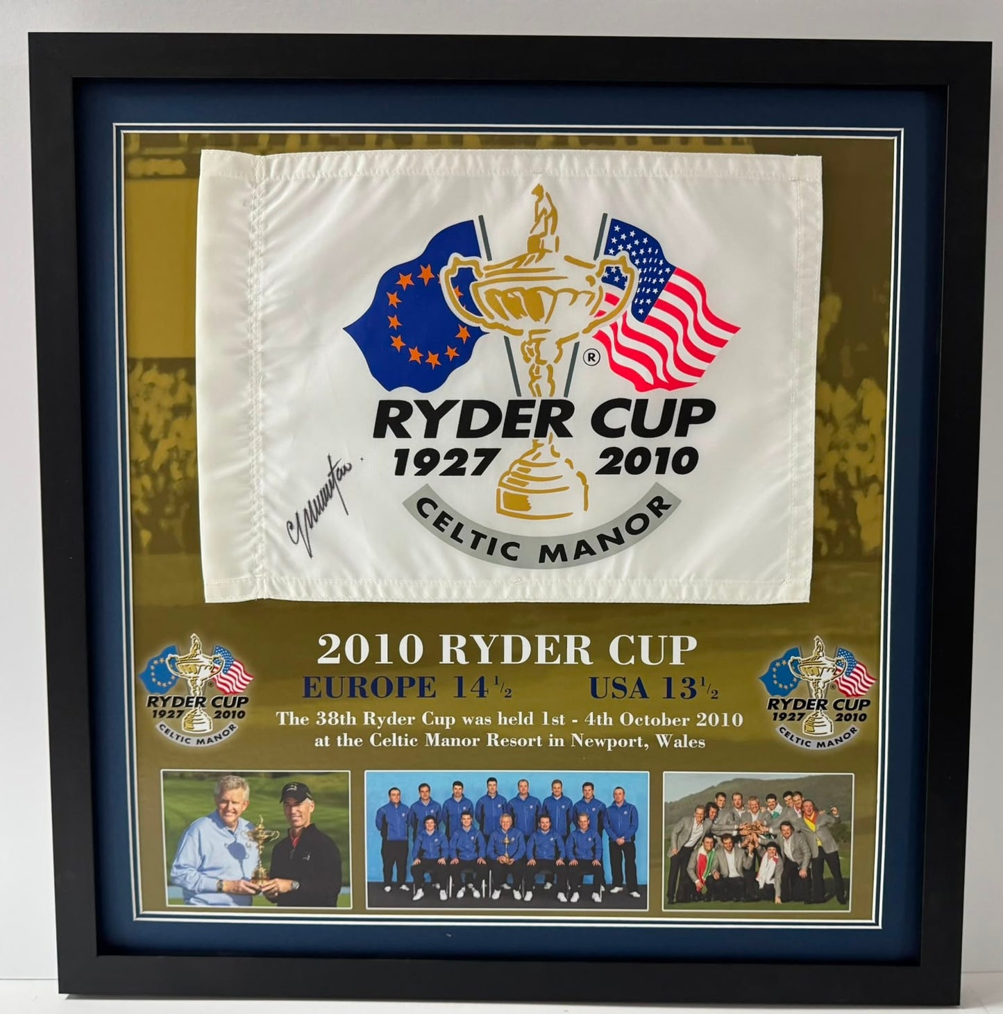 Colin Montgomerie 2010 Team Europe Ryder Cup Captain Signed Celtic Manor Golf Flag Display + COA