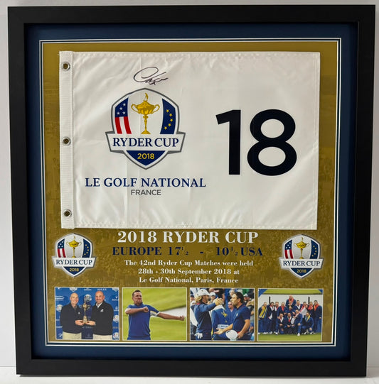 Thomas Bjorn 2018 Team Europe Ryder Cup Captain Signed Le Golf National Golf Flag Display + COA