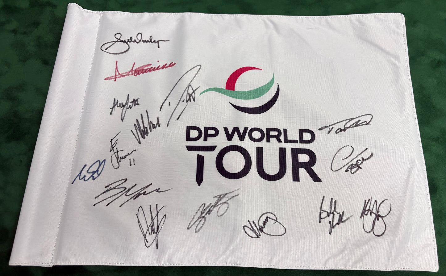 Multi Signed DP World Tour Golf Flag x15 (Fleetwood, Koepka, Fitzpatrick) + Dealer COA