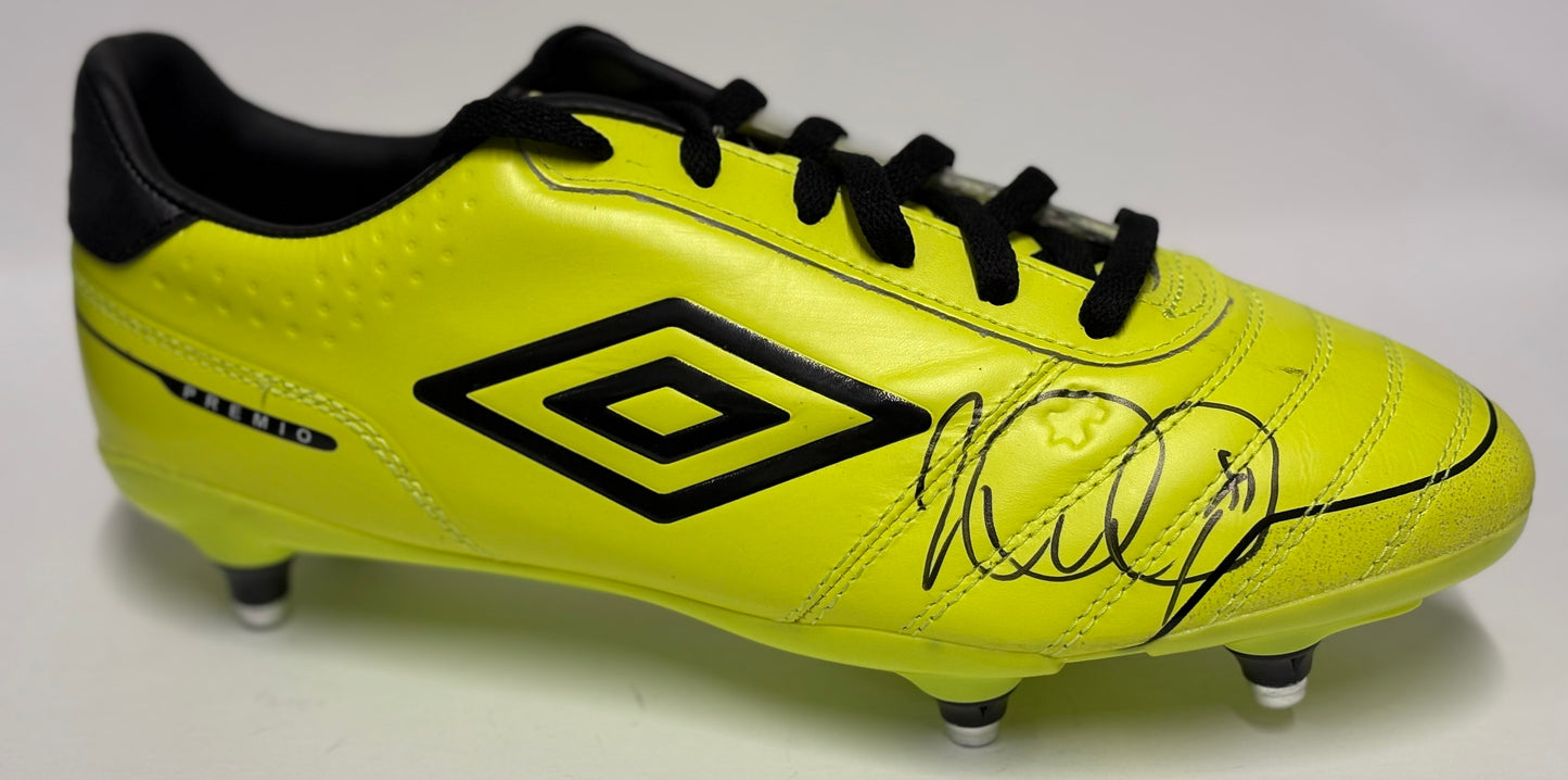 Ian Wright Signed Yellow Umbro Premio Football Boot In Acrylic Case with COA