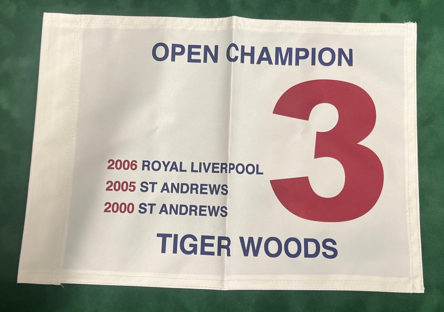 Tiger Woods Three-Time Open Golf Champion Unsigned Golf Flag (White)
