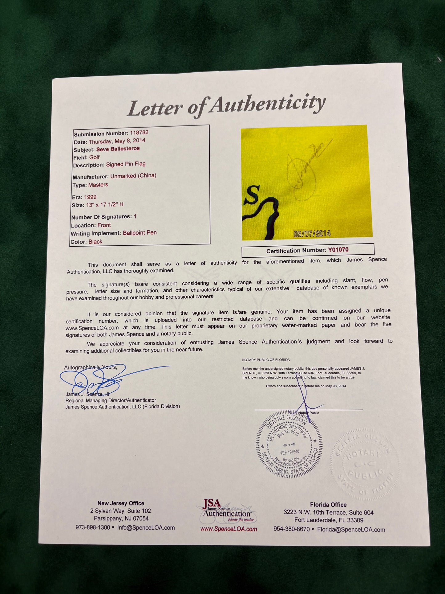 Seve Ballesteros - Golf Legend Signed 1999 Masters Golf Pin Flag + JSA COA