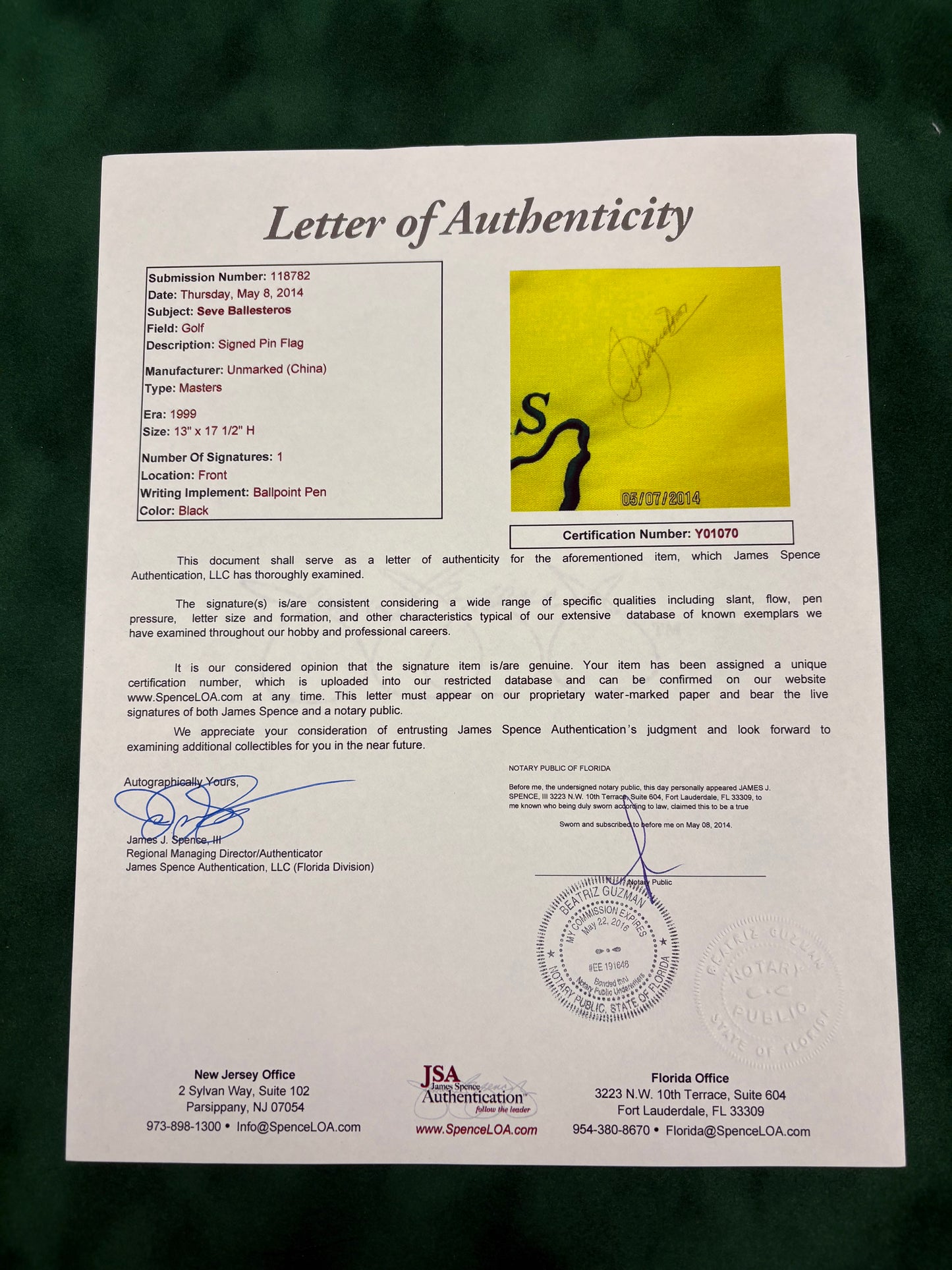 Seve Ballesteros - Golf Legend Signed 1999 Masters Golf Pin Flag + JSA COA