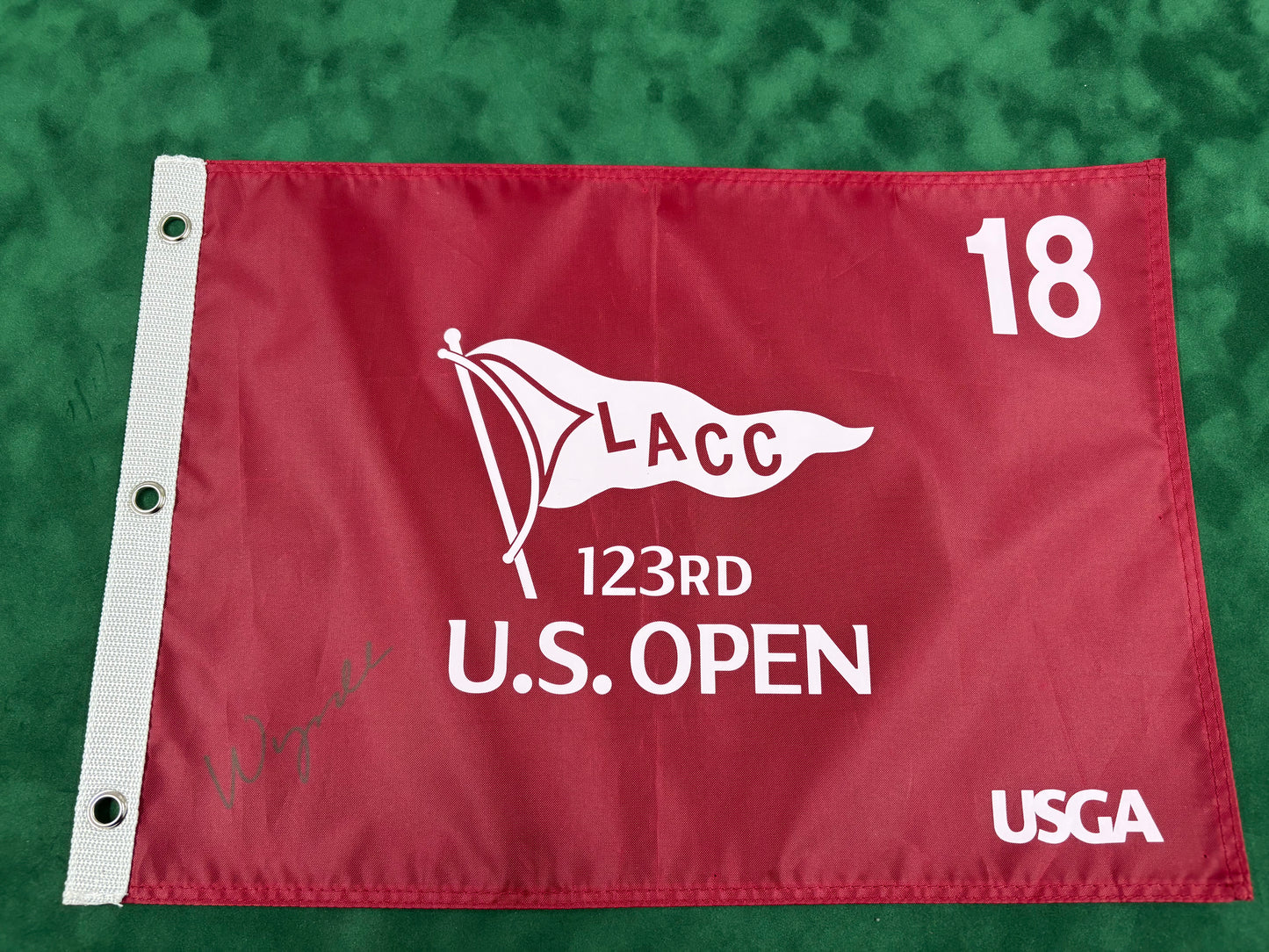 Wyndham Clark Winner Signed 123rd US Open at LACC Burgundy Golf Flag + Dealer COA (Red Screen Printed Version)