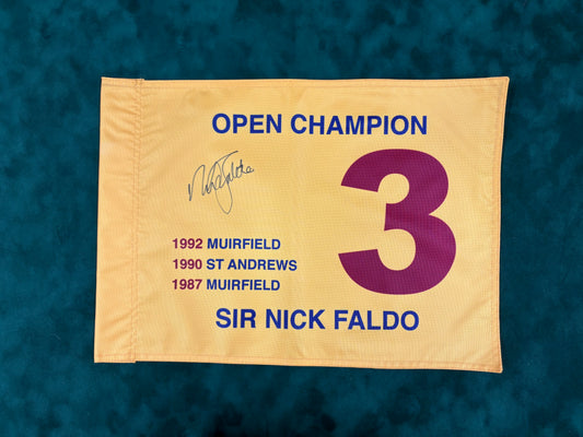 Sir Nick Faldo Signed Three-Time Open Champion Golf Flag + Cert
