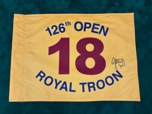 Justin Leonard Winner Signed 126th Open at Royal Troon Golf Flag + Dealer COA