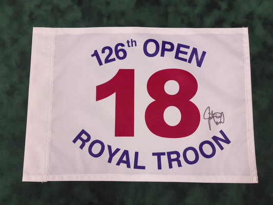 Justin Leonard Winner Signed 126th Open at Royal Troon White Golf Flag + Dealer COA
