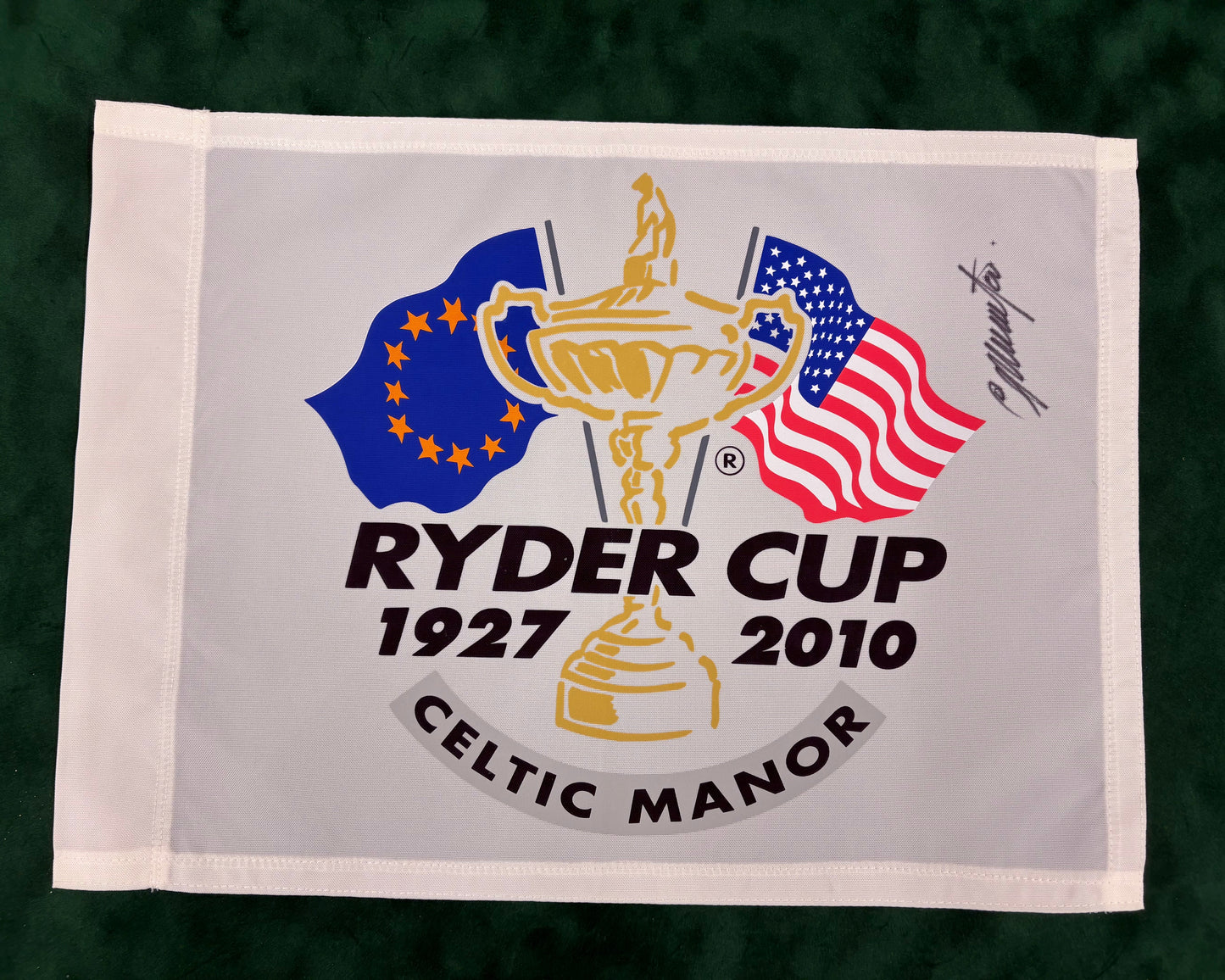 Colin Montgomerie Team Europe Captain Signed 2010 Ryder Cup Golf Flag + Dealer COA