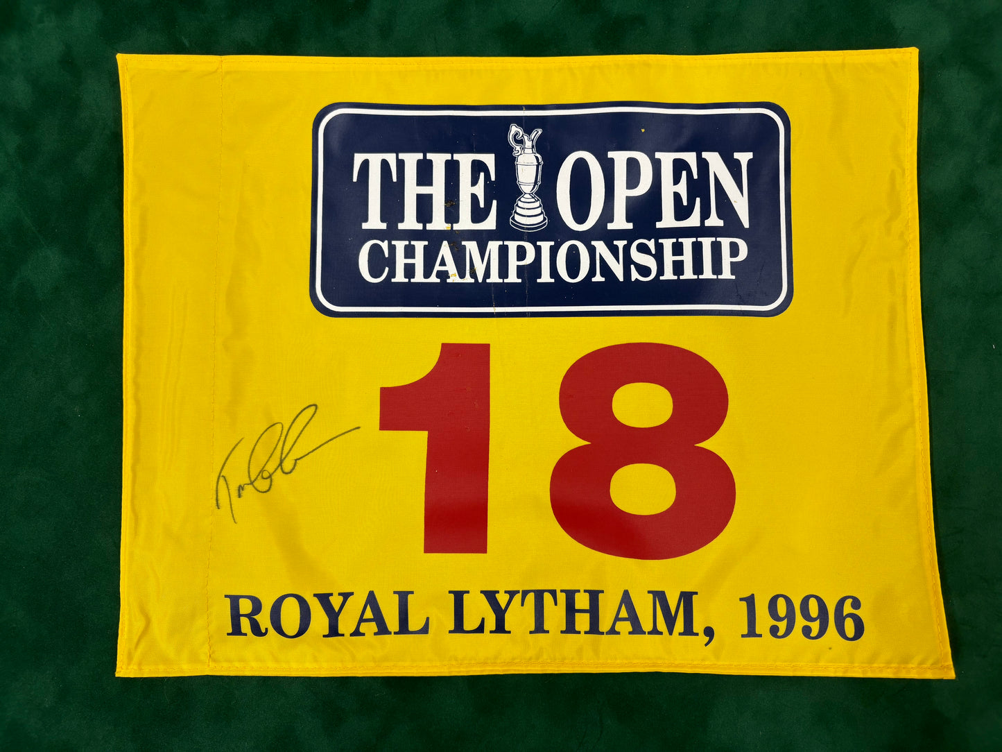 Tom Lehman Signed Rare Yellow Royal Lytham 1996 Open Golf Flag + Dealer COA
