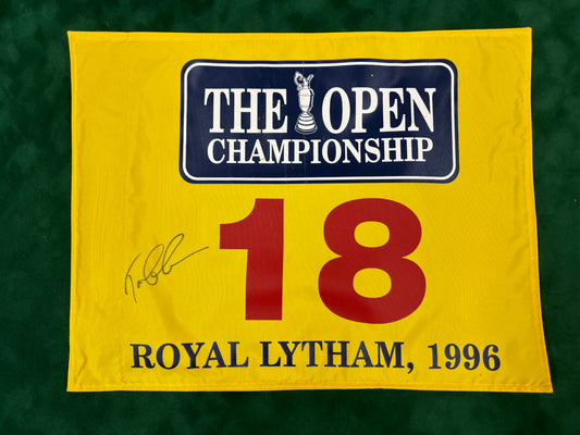 Tom Lehman Signed Rare Yellow Royal Lytham 1996 Open Golf Flag + Dealer COA