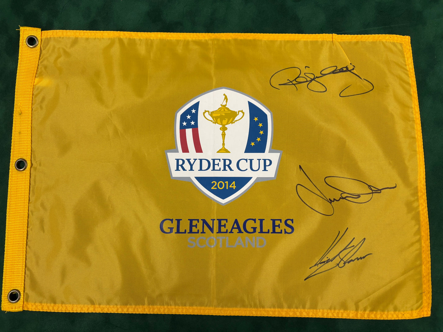 Paul McGinley, Jamie Donaldson & Henrik Stenson Signed 2014 Ryder Cup at Gleneagles Golf Flag + COA