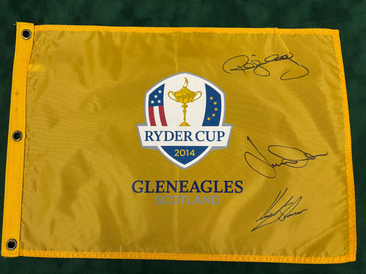Paul McGinley, Jamie Donaldson & Henrik Stenson Signed 2014 Ryder Cup at Gleneagles Golf Flag + COA