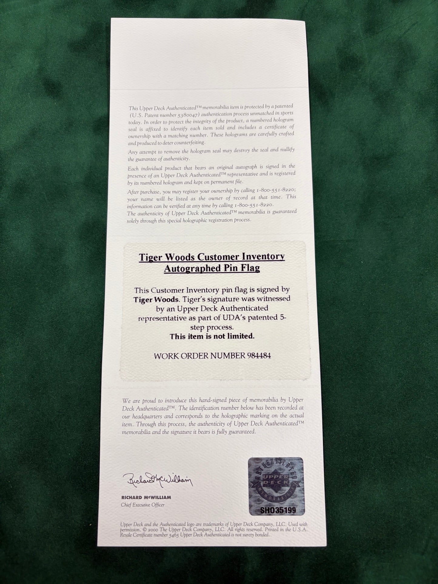 Tiger Woods Rare Signed Undated Augusta Masters Golf Pin Flag + Upper Deck COA