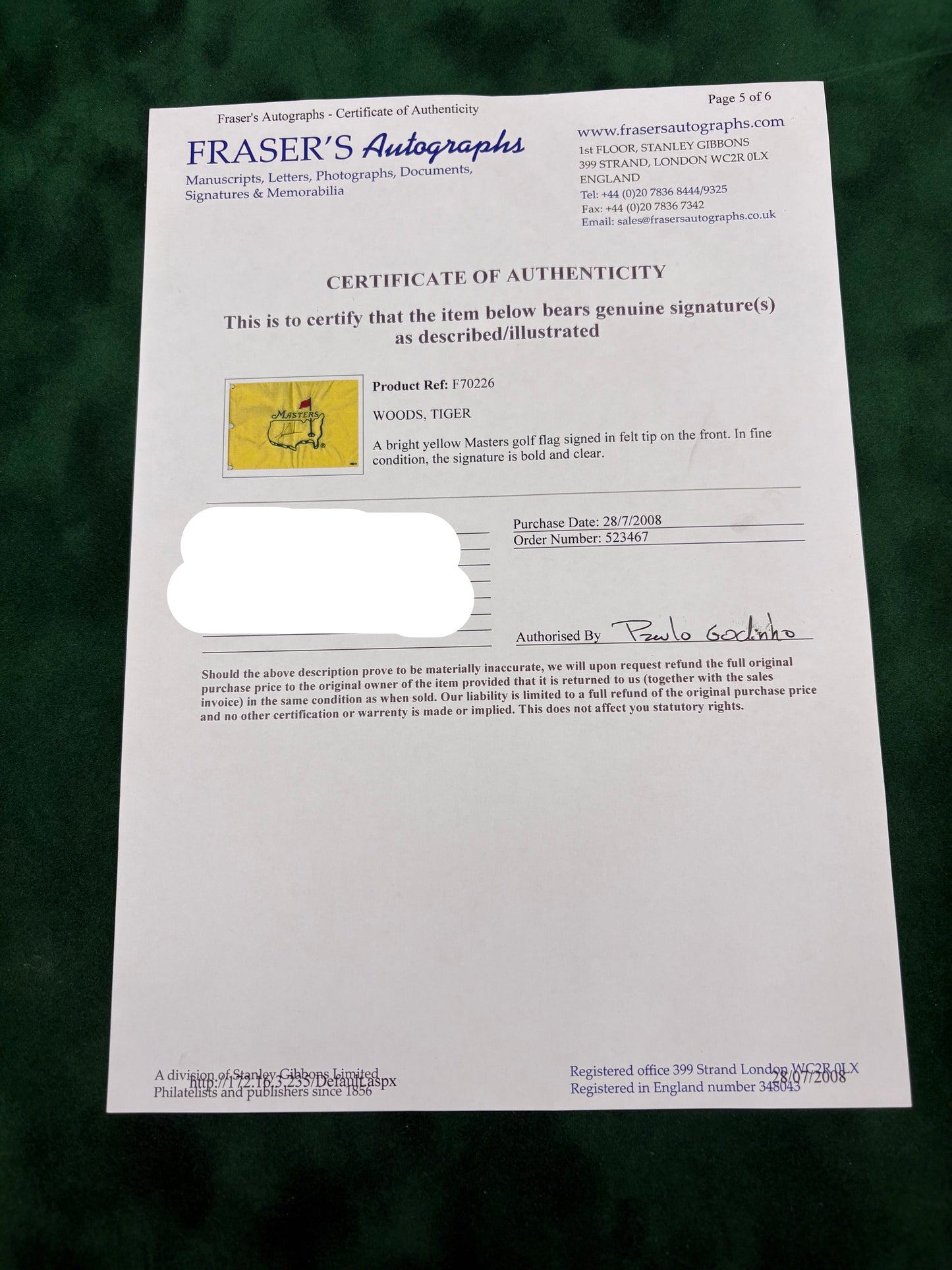 Tiger Woods Rare Signed Undated Augusta Masters Golf Pin Flag + Upper Deck COA