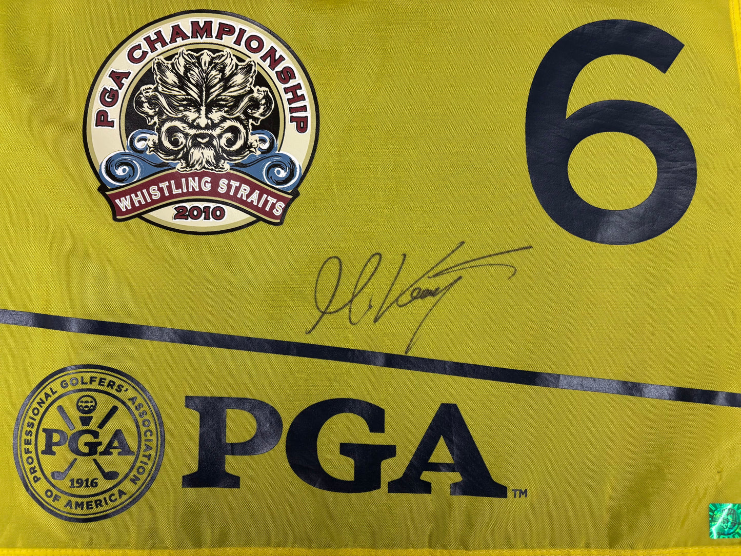 Martin Kaymer Winner Signed 2010 PGA Championship at Whistling Straits 6th Hole Course Used Golf Flag + GJA Cert