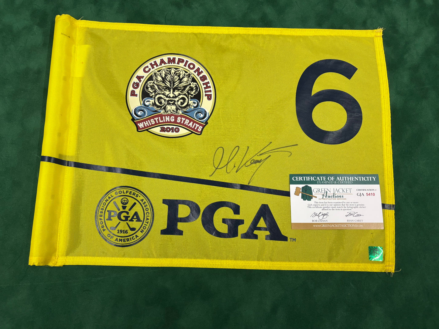 Martin Kaymer Winner Signed 2010 PGA Championship at Whistling Straits 6th Hole Course Used Golf Flag + GJA Cert