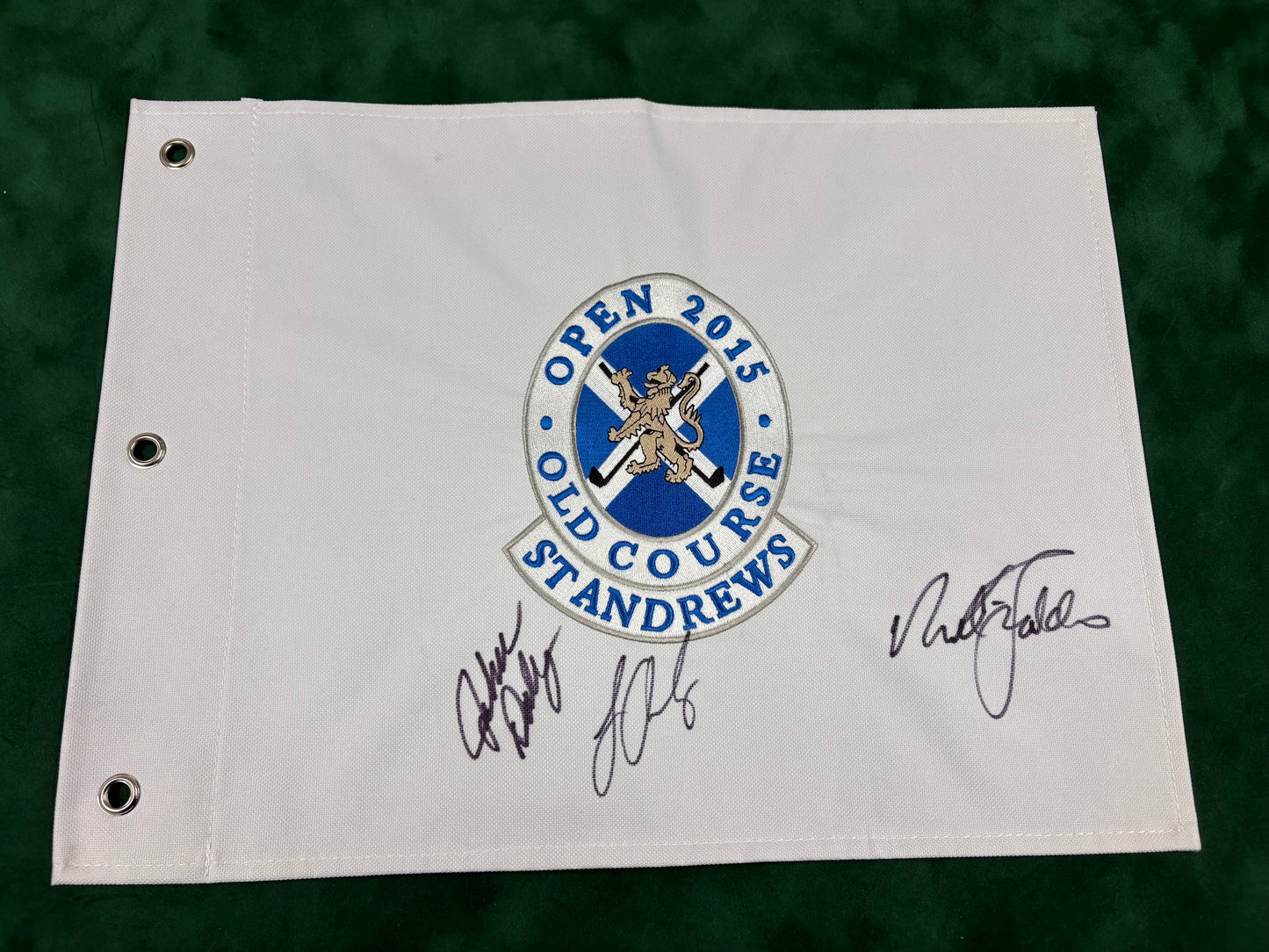John Daly, Sir Nick Faldo & Louis Oosthuizen Signed 2015 Open at St Andrews Golf Pin Flag + Cert