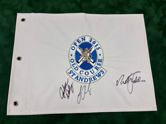 John Daly, Sir Nick Faldo & Louis Oosthuizen Signed 2015 Open at St Andrews Golf Pin Flag + Cert