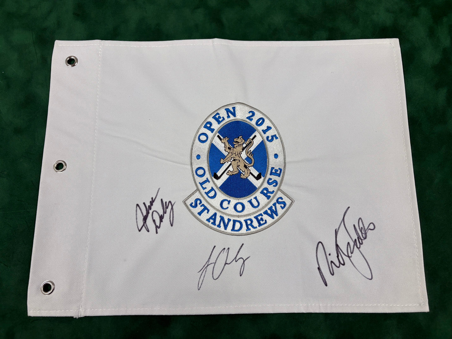 John Daly, Sir Nick Faldo & Louis Oosthuizen Signed 2015 Open at St Andrews Golf Pin Flag + Cert