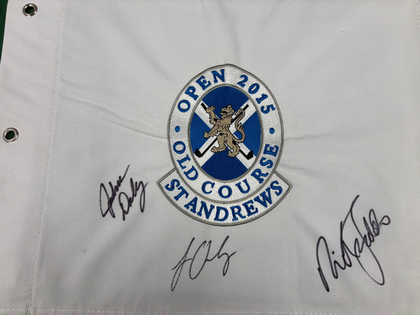 John Daly, Sir Nick Faldo & Louis Oosthuizen Signed 2015 Open at St Andrews Golf Pin Flag + Cert