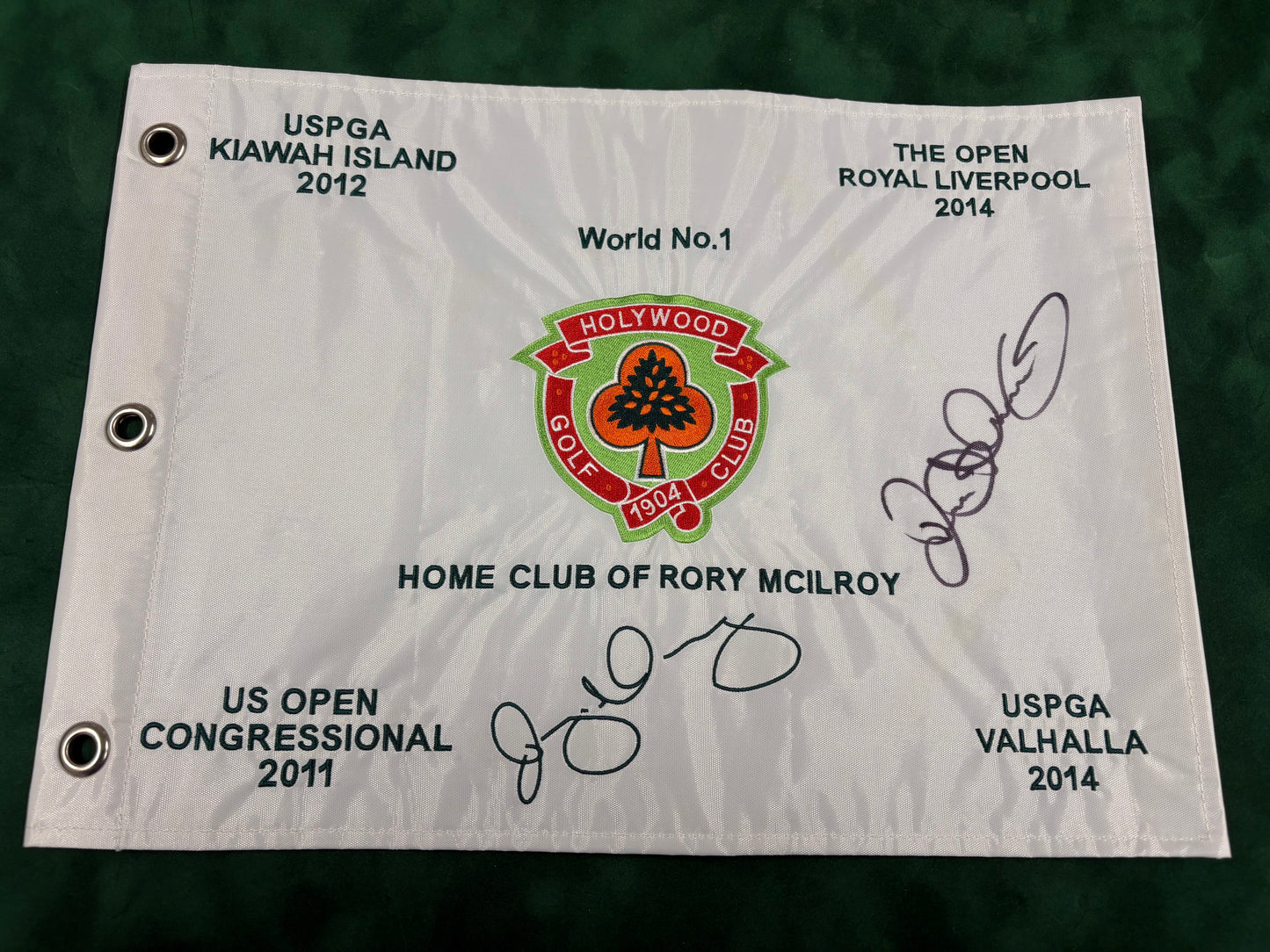 Rory McIlroy RARE Signed Holywood Golf Flag (Home of Rory McIlroy) + Dealer COA