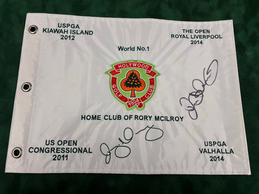 Rory McIlroy RARE Signed Holywood Golf Flag (Home of Rory McIlroy) + Dealer COA