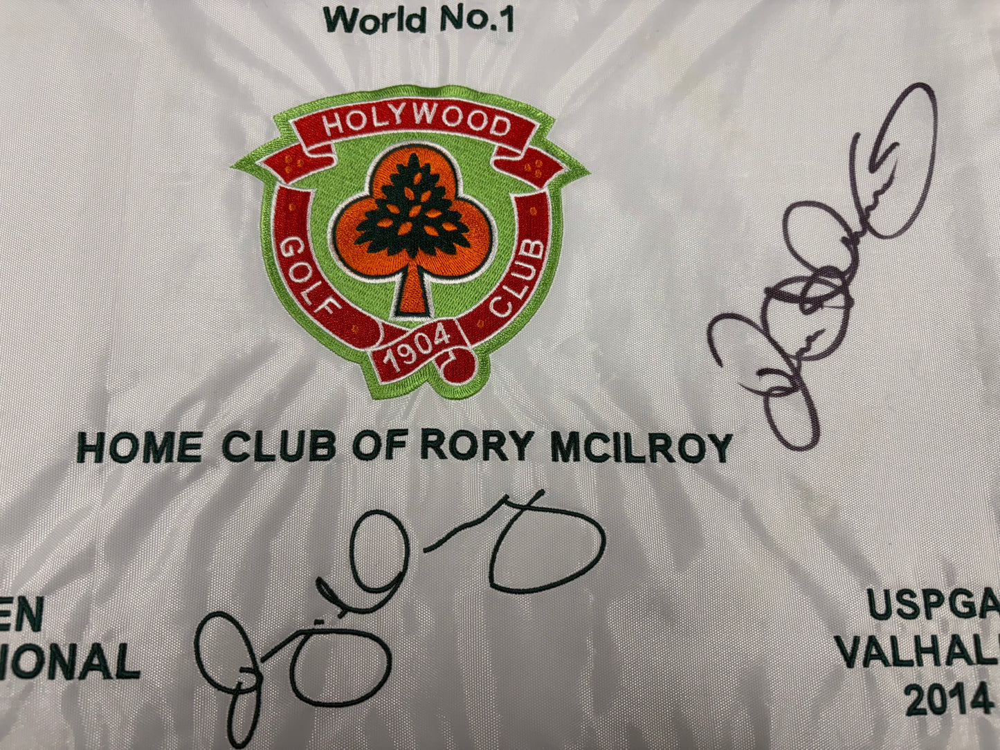 Rory McIlroy RARE Signed Holywood Golf Flag (Home of Rory McIlroy) + Dealer COA