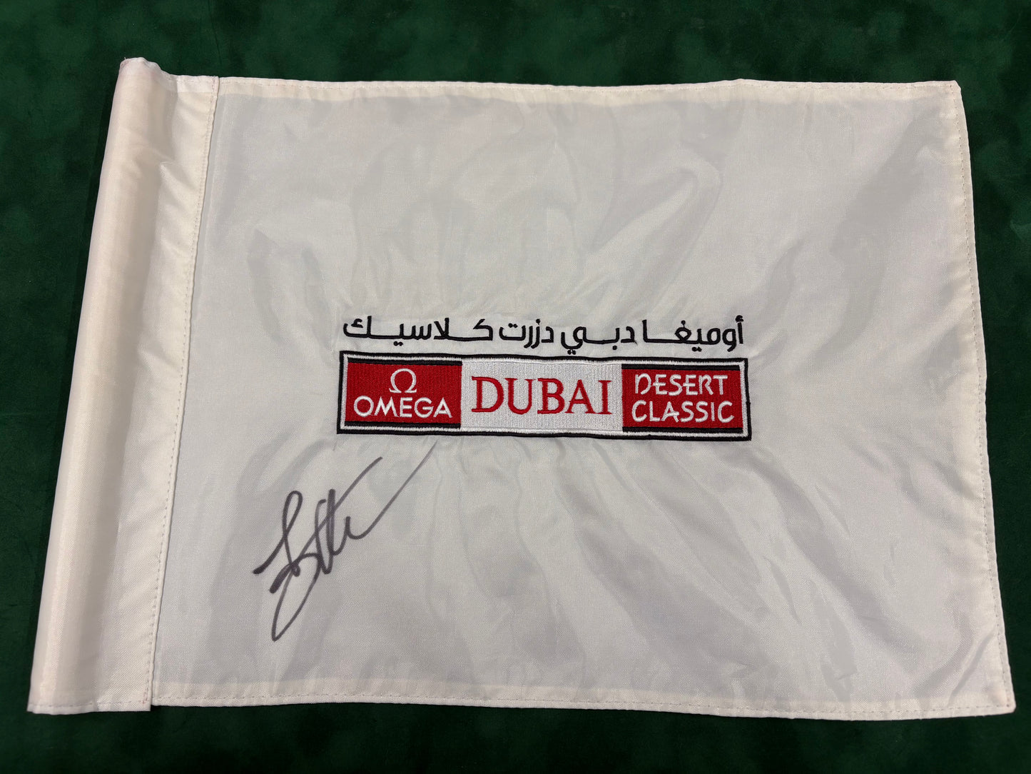 Li Haotong 2018 Winner Signed Omega Dubai Desert Classic Course Used Golf Pin Flag + Cert