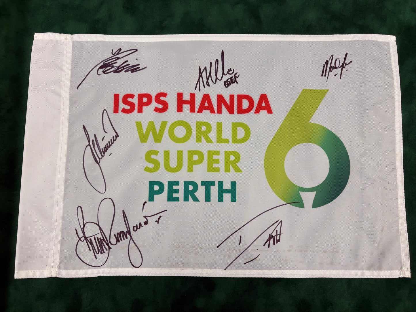 ISPS Handa World Super 6 Perth Signed Golf Flag - Rumford, Willett, Beef + Cert