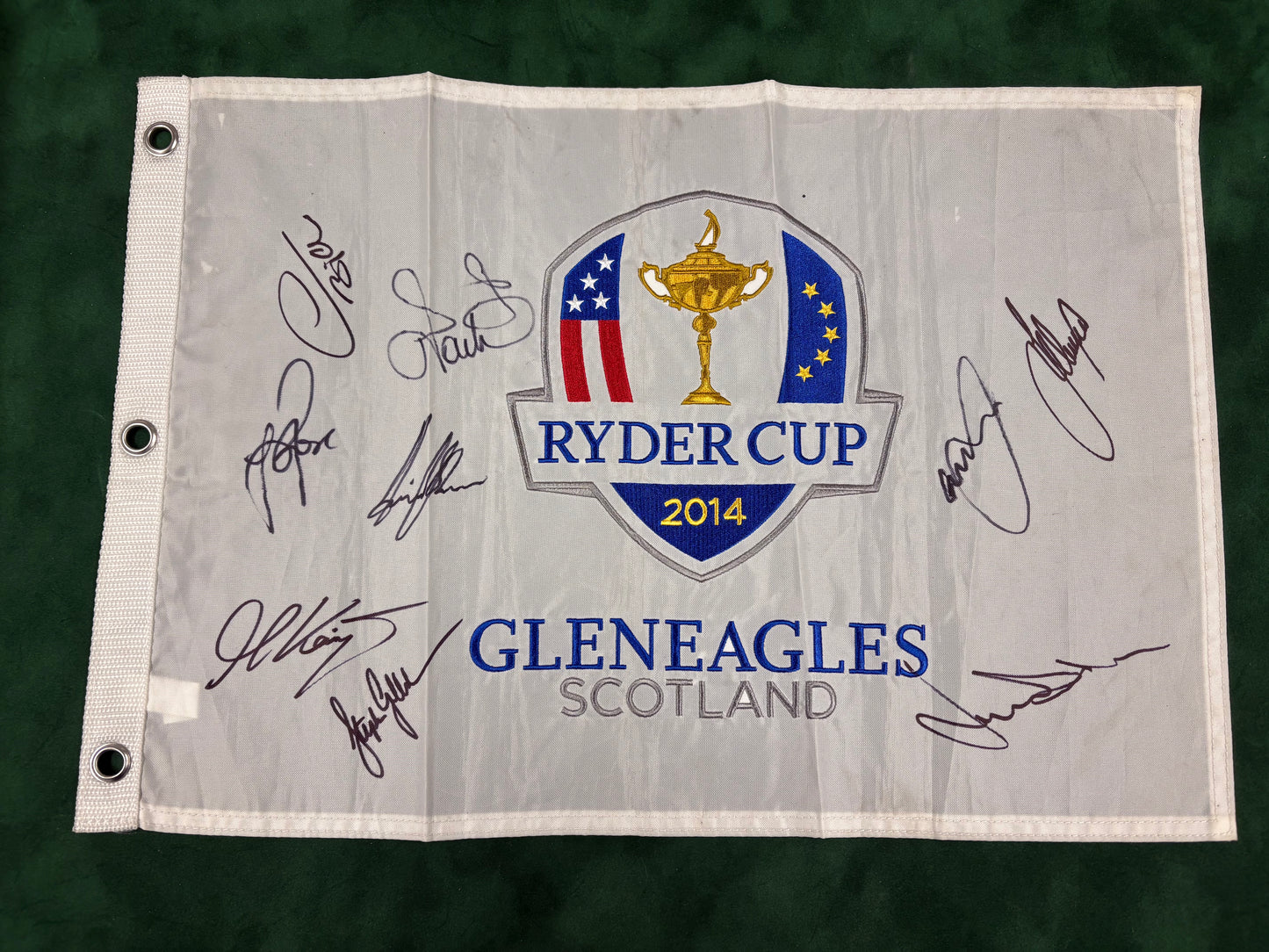 2014 Ryder Cup at Gleneagles Team Europe Signed Golf Flag Westwood, Stenson + COA
