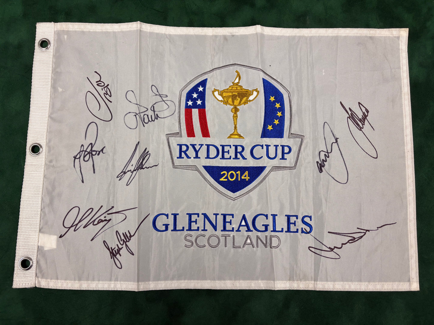 2014 Ryder Cup at Gleneagles Team Europe Signed Golf Flag Westwood, Stenson + COA