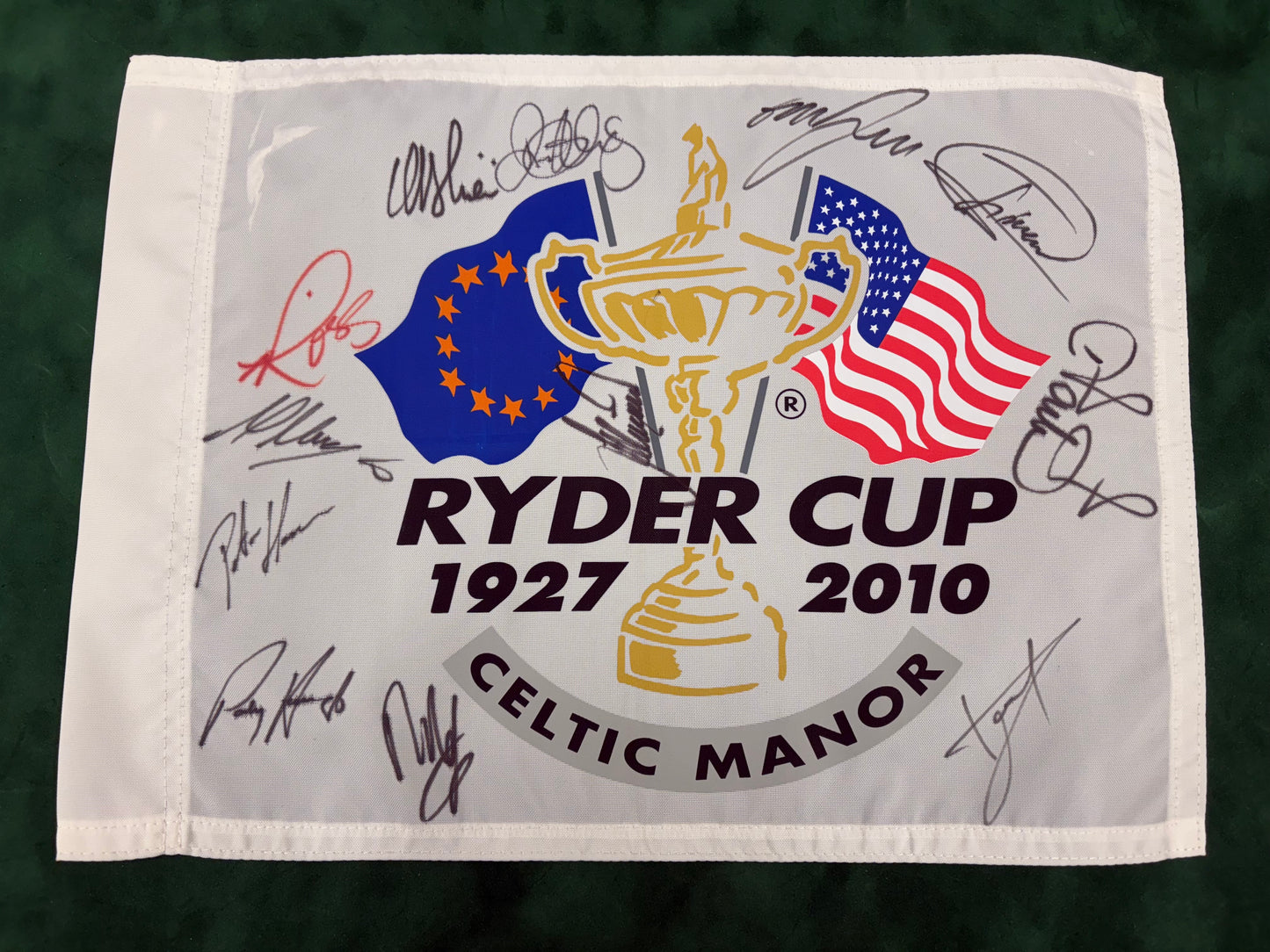 2010 Ryder Cup at Celtic Manor Team Europe Signed Golf Flag McIlroy, Fisher + COA