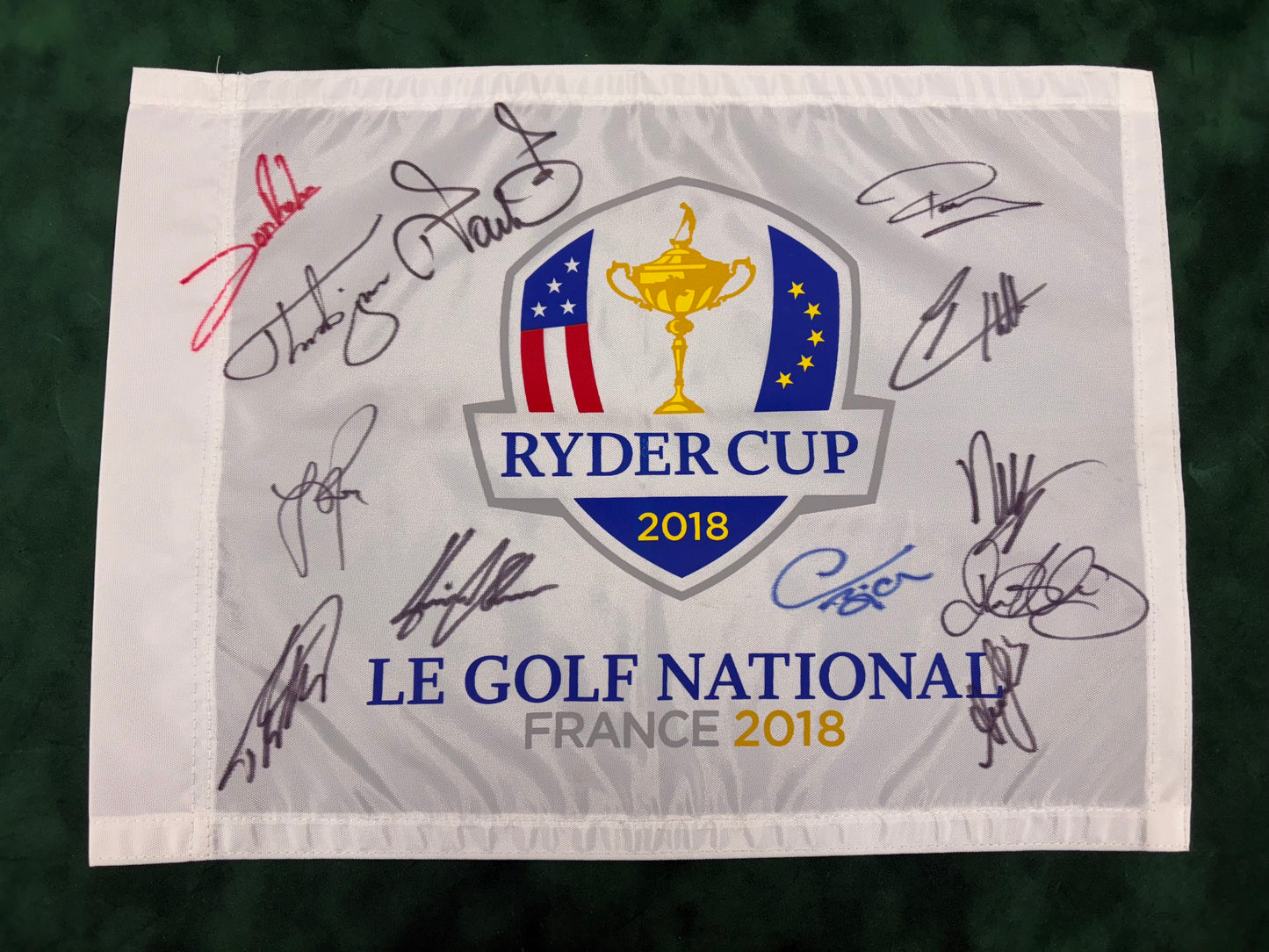 2018 Ryder Cup at Le Golf National Golf Pin Flag Signed by 12 of Team Europe + Cert