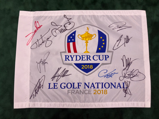 2018 Ryder Cup at Le Golf National Golf Pin Flag Signed by 12 of Team Europe + Cert