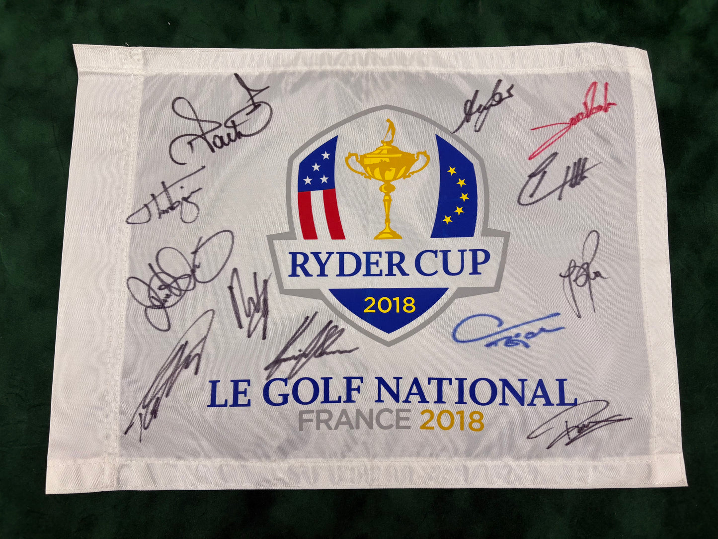 2018 Ryder Cup at Le Golf National Golf Pin Flag Signed by 12 of Team Europe + Cert