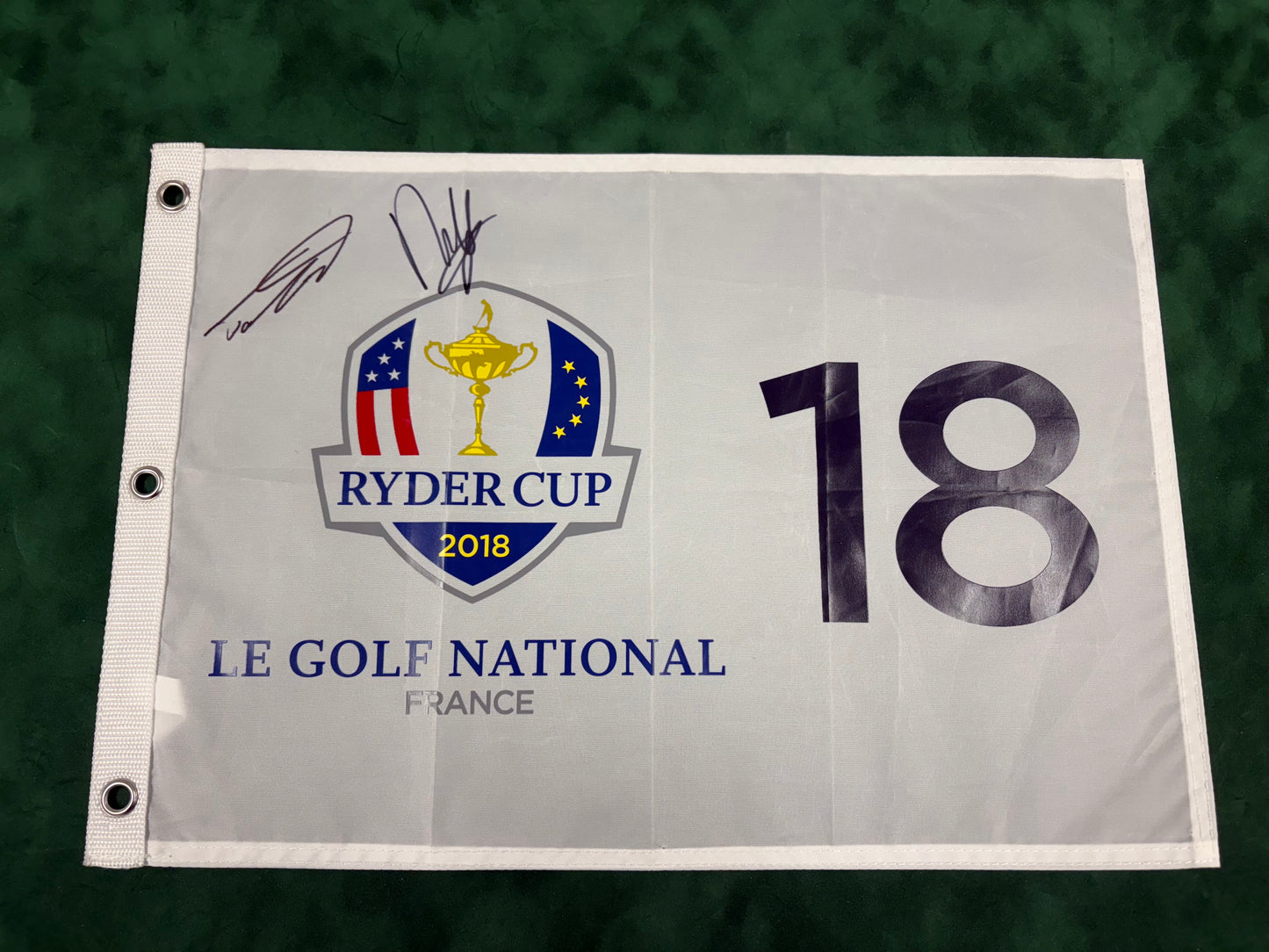 Tommy Fleetwood & Francesco Molinari 'Moliwood' Signed 2018 Ryder Cup Pin Flag + Cert