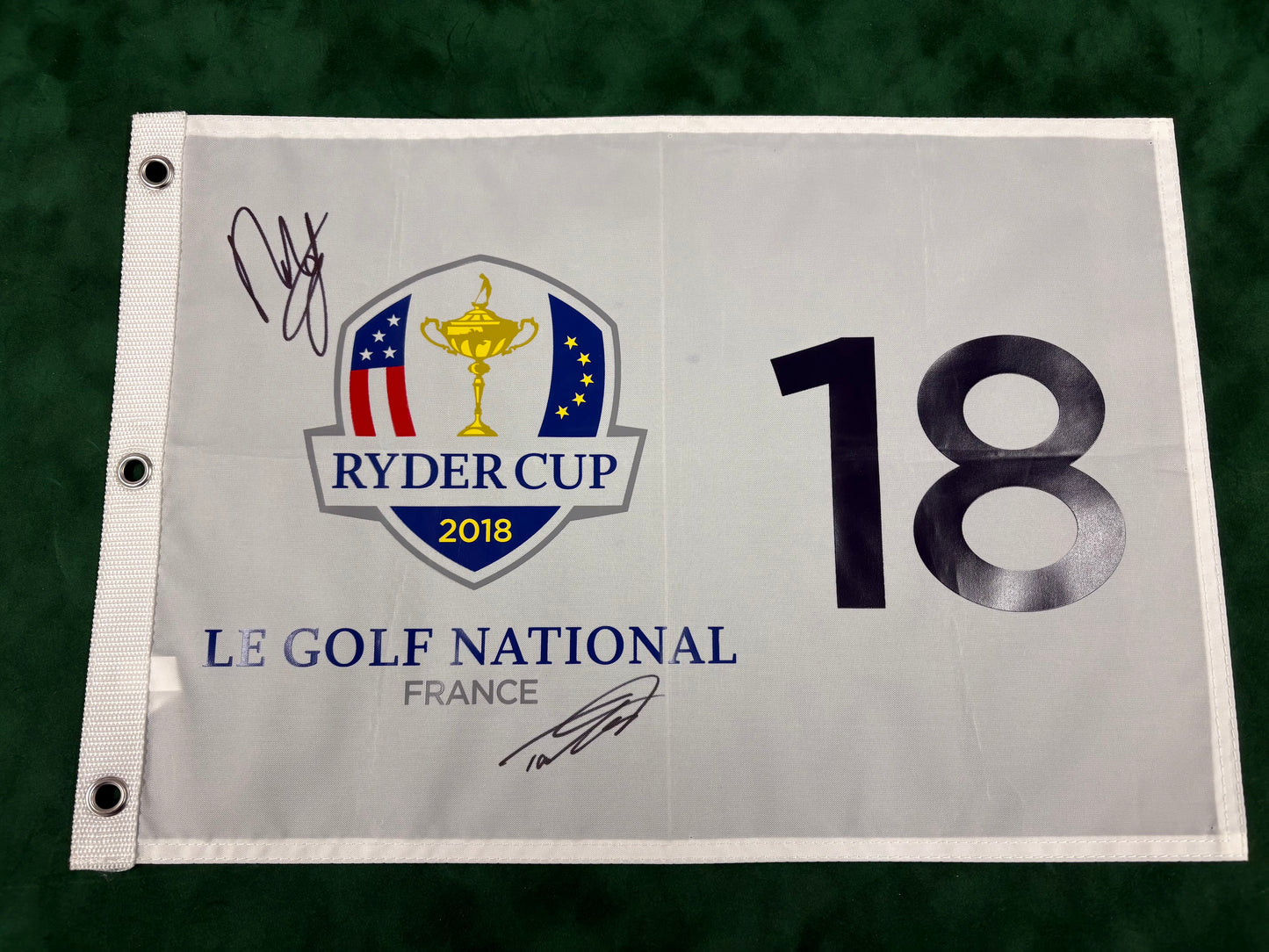 Tommy Fleetwood & Francesco Molinari 'Moliwood' Signed 2018 Ryder Cup Pin Flag + Cert
