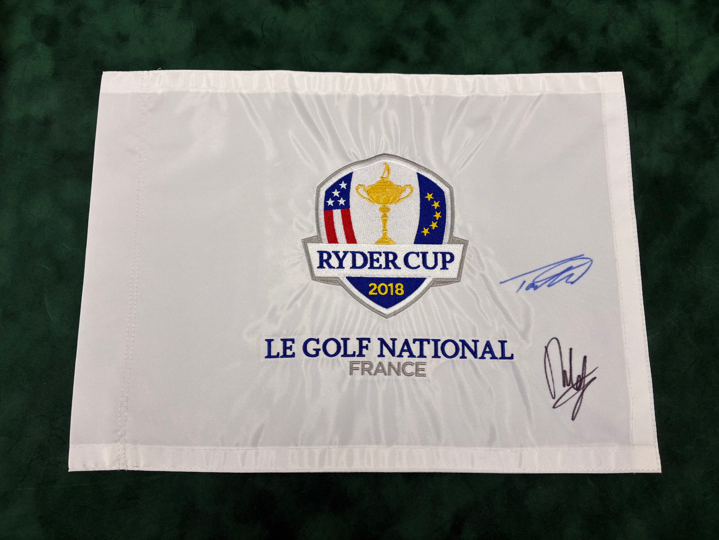 Tommy Fleetwood & Francesco Molinari 'Moliwood' Signed 2018 Ryder Cup Pin Flag + Cert