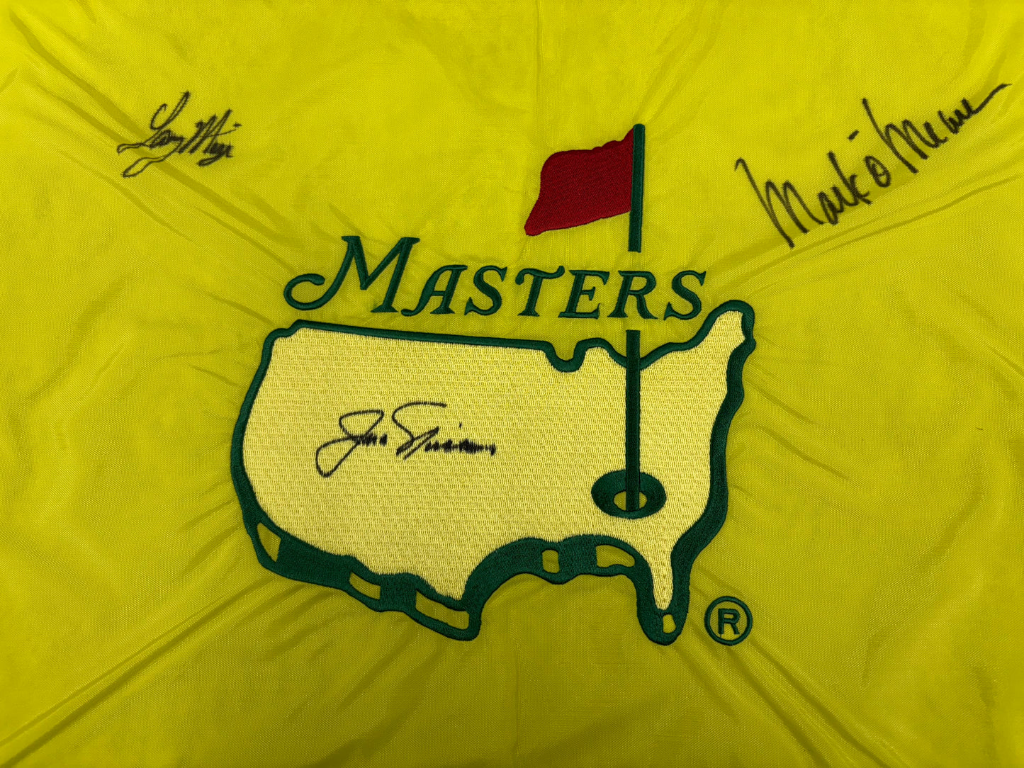 RARE Embroided Masters Golf Flag Signed By Jack Nicklaus, Mark O'Meara & Larry Mize + JSA COA