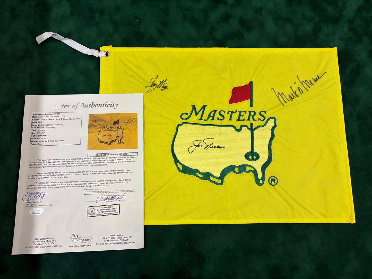 RARE Embroided Masters Golf Flag Signed By Jack Nicklaus, Mark O'Meara & Larry Mize + JSA COA