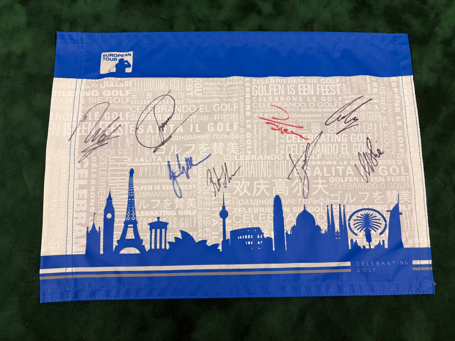 Multi Signed European Tour Golf Flag (Molinari, Bjørn, Colsaerts, Donald) + Cert