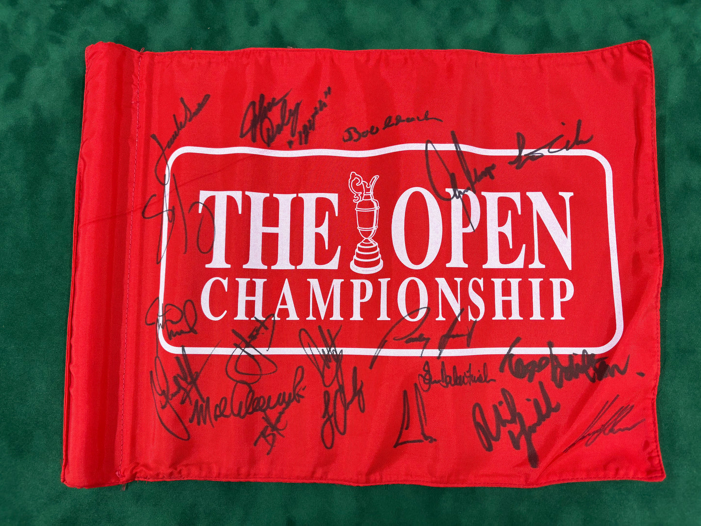 Rare Practice Round Course Flown Red Golf Flag Signed 19 Open Champions (Daly, Spieth) + Cert